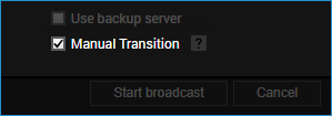 Manual transition checked under broadcast details (YouTube Live Output)