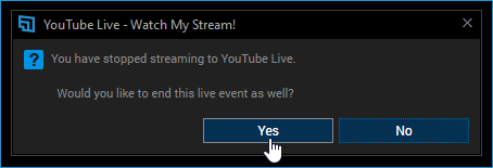 Confirmation window asking if you would like to end the live event on YouTube when ending the stream on XSplit 