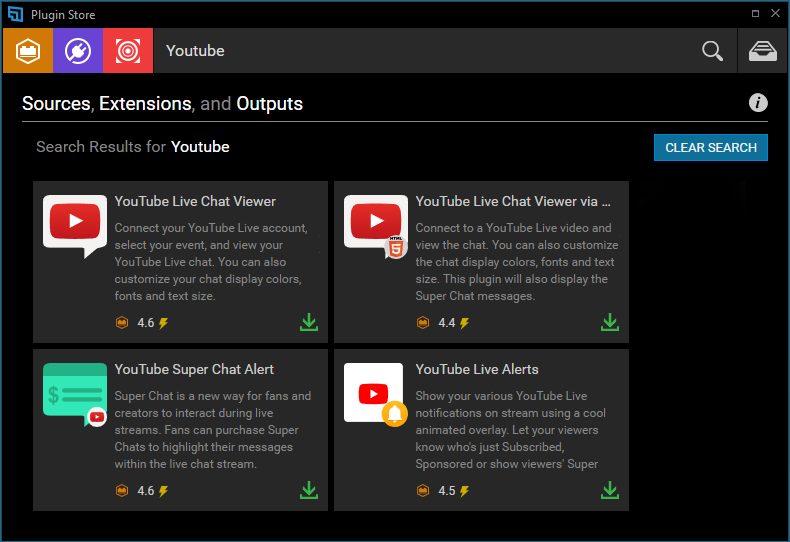 XBC Plugin Store Window showing YouTube-related Plugins