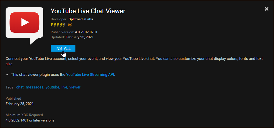 YouTube Live Chat viewer Plugin information - install button highlighted