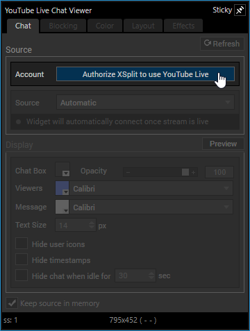 YouTube live chat viewer properties - Authorize button