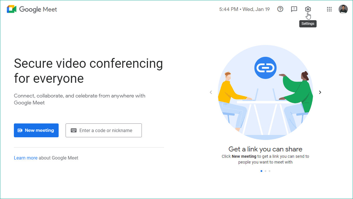Selecting the settings icon from the Google meet website