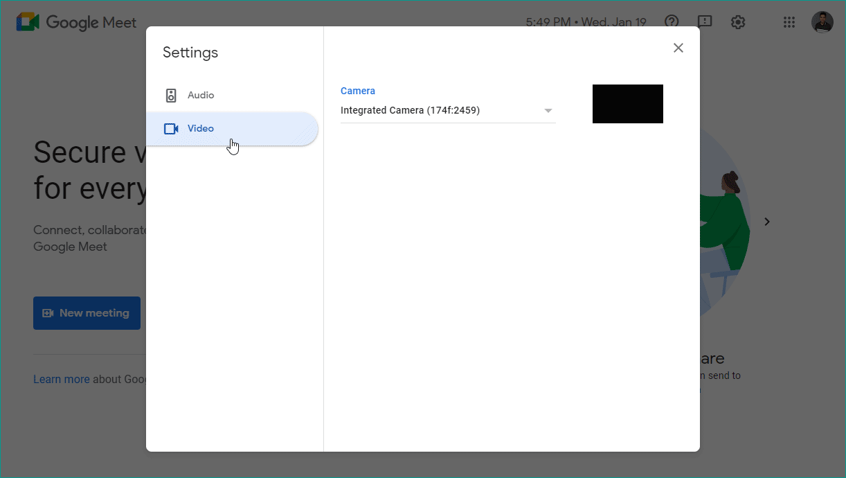 Selecting XSplit VCam as the camera in Google meet&apos;s Video Settings