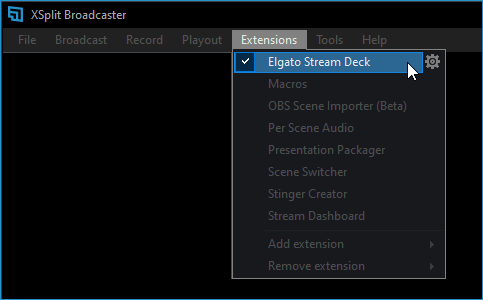 XSplit Broadcaster showing Elgato Stream Deck enabled in the extensions menu