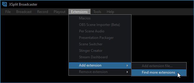 XSplit Broadcaster - Extensions > Add Extension > Find more extensions