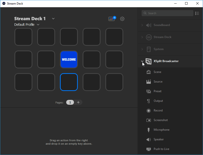 Stream deck software showing XSplit Broadcaster actions list and application