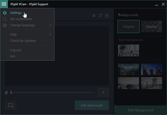 Clicking Settings in XSplit VCam to reveal the Output Settings Menu to the right