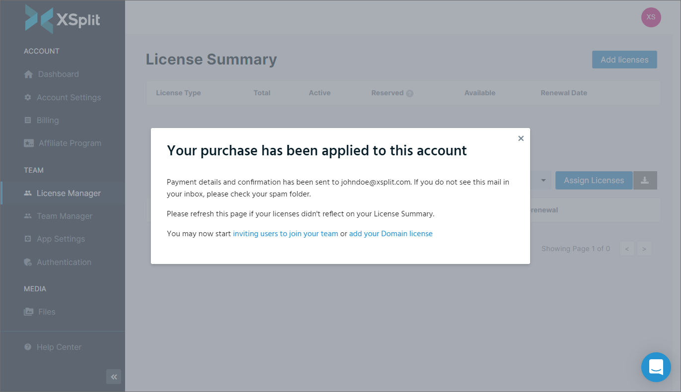 License Purchase payment confirmation popup