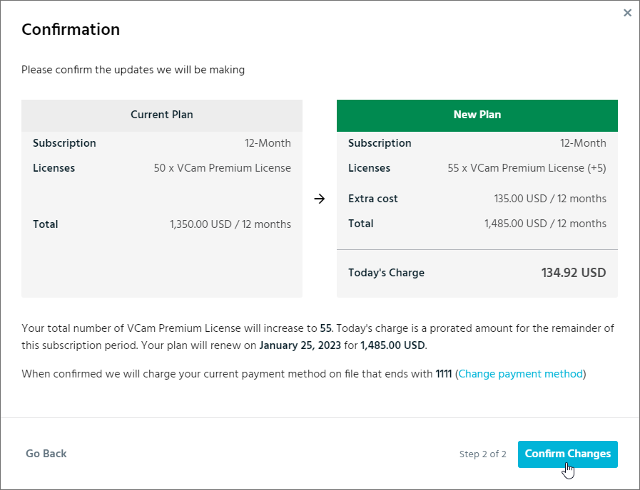 Manage Subscription Payment Process Confirmation Window