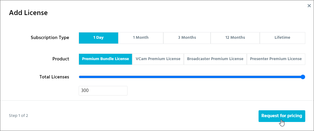 Request for Pricing button highlighted when purchasing 300 or more licenses
