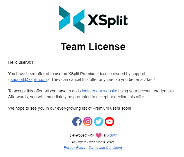 XSplit Team License offer email 