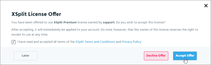 XSplit License offer popup from the XSplit website