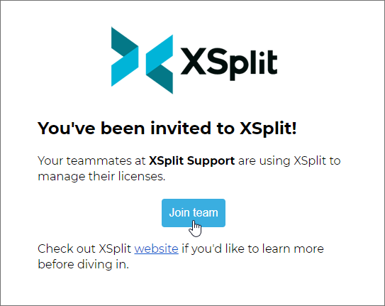 XSplit Team License Manager Invitation message