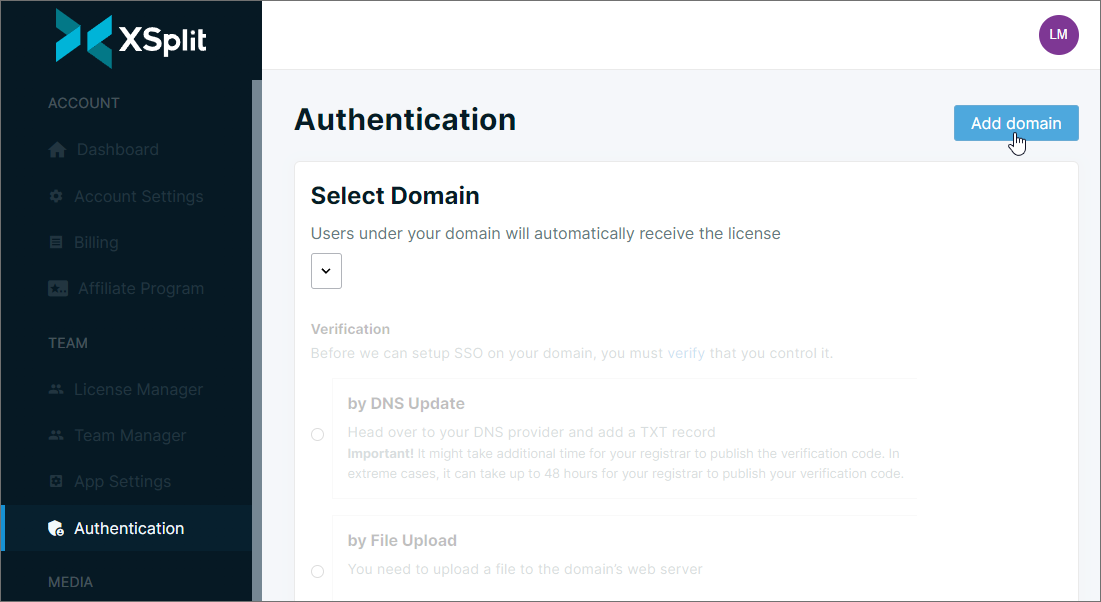 Authentication Dashboard Add domain button