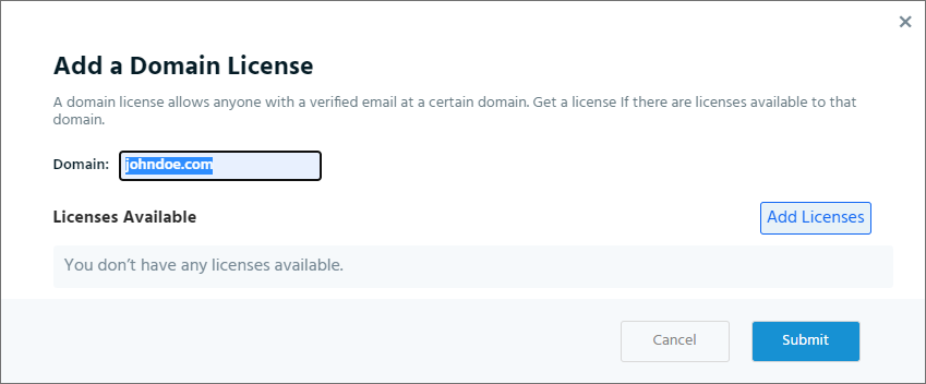 inputting a domain name in add a domain license 