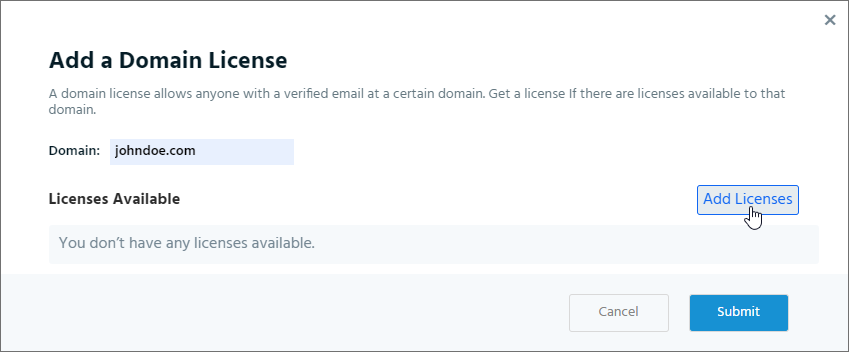 Add Licenses button in Add a Domain License