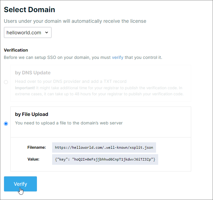 SSO verification by file upload is selected