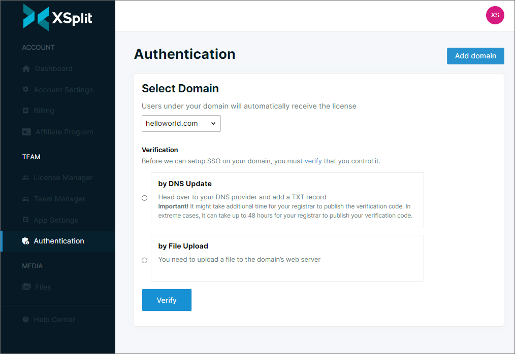 Authentication Dashboard Main View