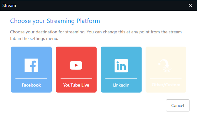 Choose your Streaming Platform popup in XPT