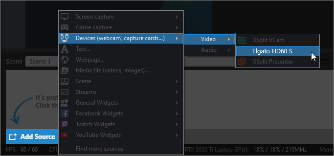 XBC showing a capture card about to be selected as a video source