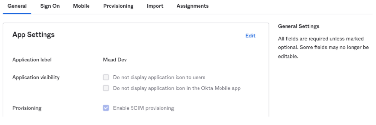Checking Enable SCIM provisioning from the App Settings