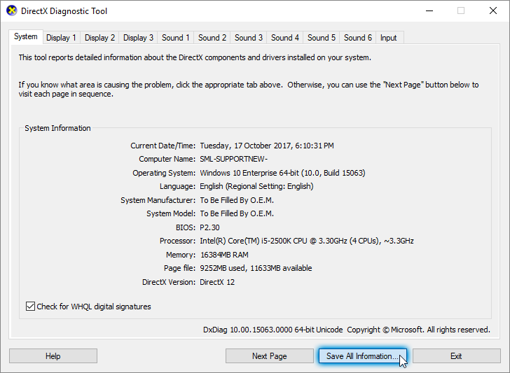 DirectX Diagnostic Tool system overview