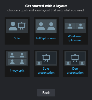 Selecting Get started with a layout in the XSplit Broadcaster welcome screen