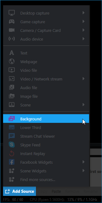 Selecting the Background source from XSplit Broadcaster’s Add Source Menu