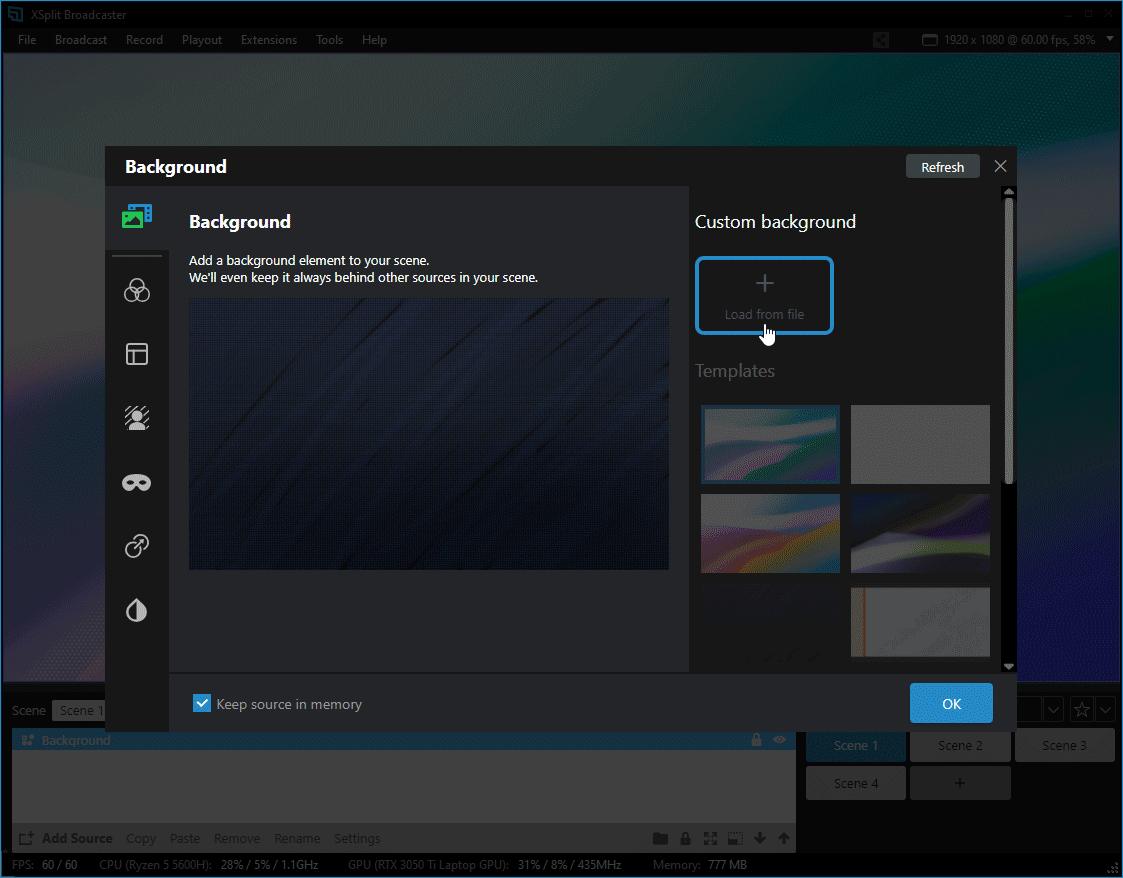 Clicking Load from file under Custom background allows you to add your very own background