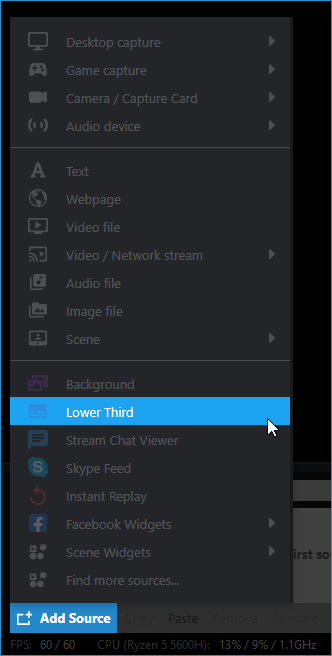 Selecting the Lower Third source from XSplit Broadcaster’s Add Source Menu