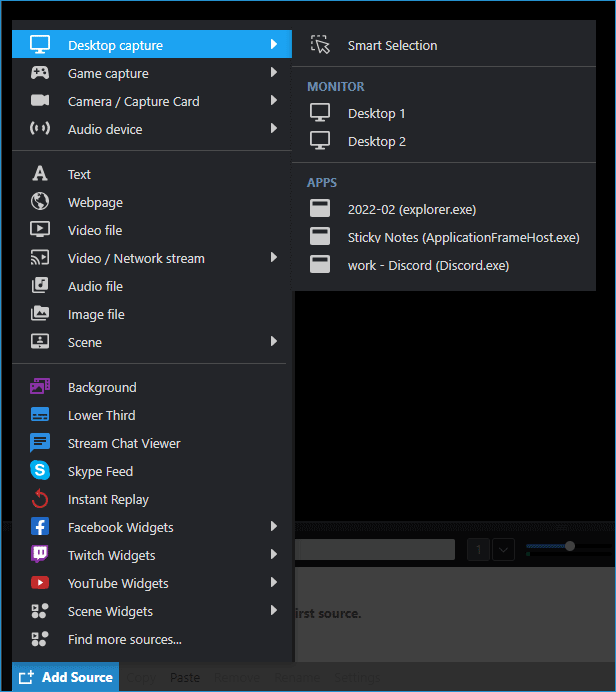 Overview of the new XSplit Broadcaster Add Source Menu