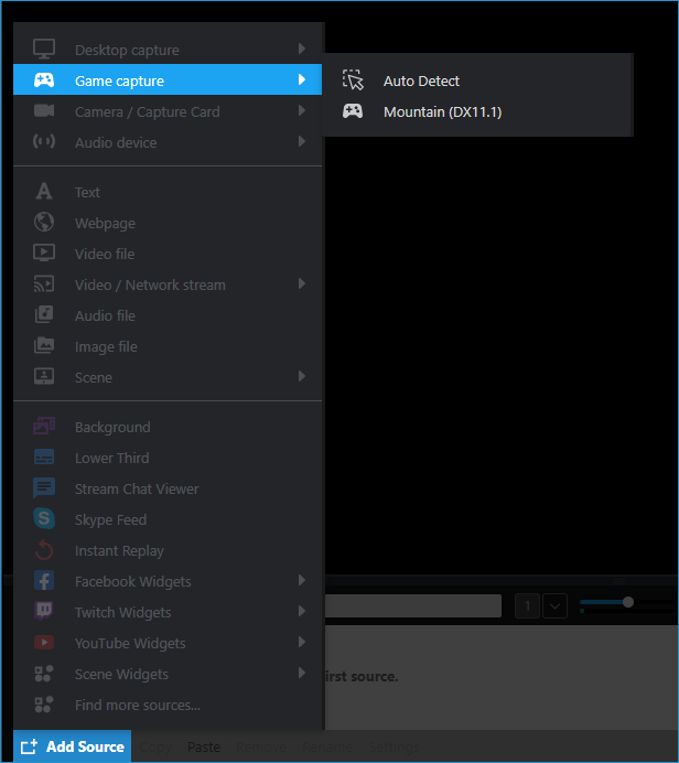 Game Capture source highlighted in the sources menu
