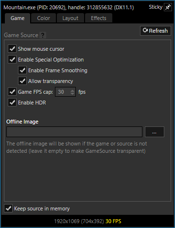 Game Capture - Game capture source properties > Game Tab showing the Game Source options.