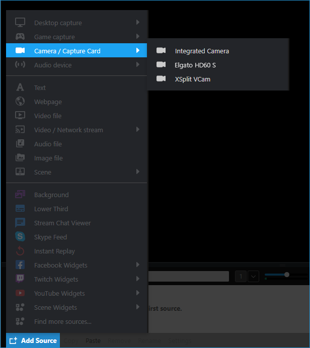 Add Source Menu highlighting Camera / Capture Card menu, with three different camera options available