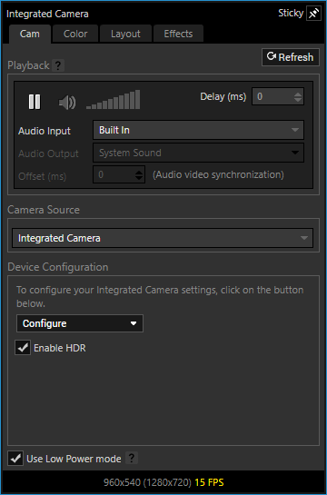 Camera Source properties overview