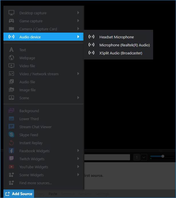Add Source Menu highlighting Audio Device, showing different audio sources currently available