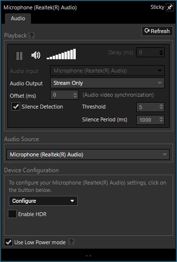 Audio Source properties &gt; Audio Tab showing the Playback, Audio Source, and Device Configuration options