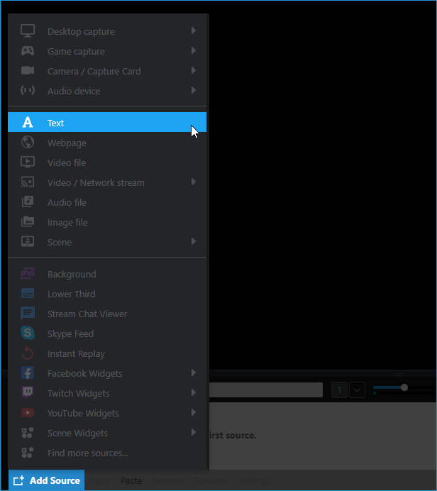 Add Source Menu highlighting the Text source option