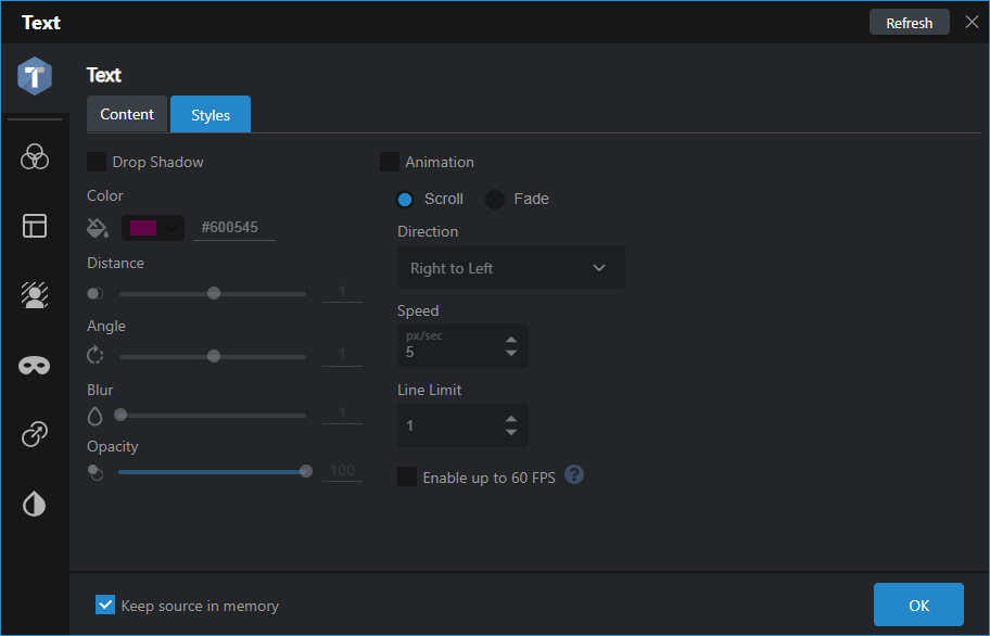 The Styles tab options front the Text source properties