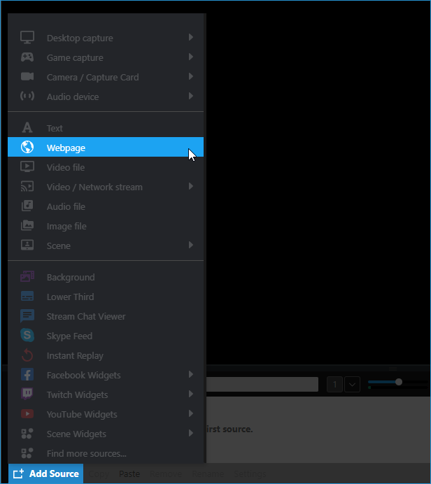 Add Source menu - Webpage source is highlighted