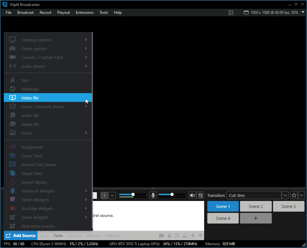 Adding a beach video file as a source via the Sources menu