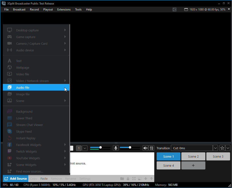 Adding an mp3 file as a source via the Sources menu