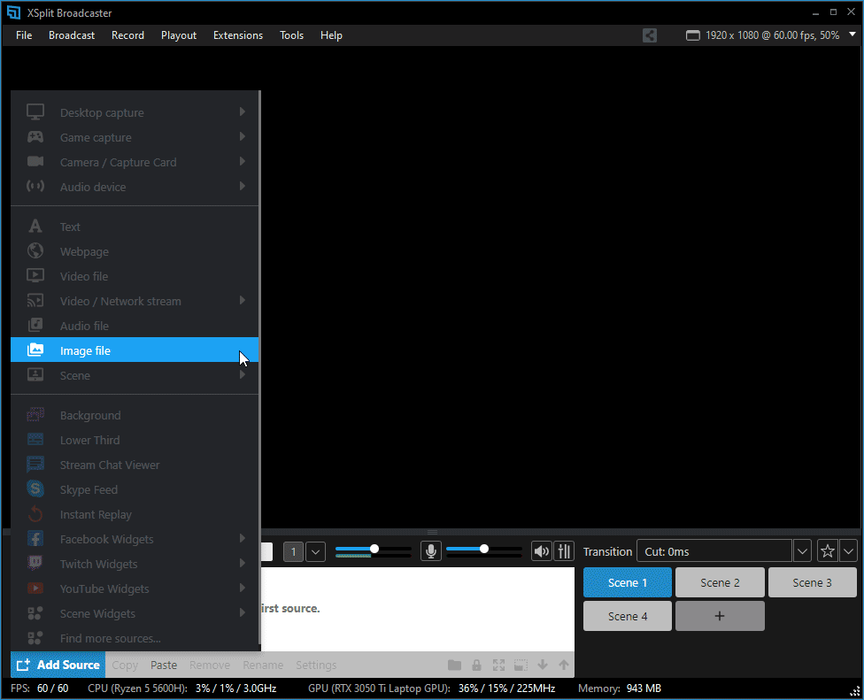 Adding a dark theme image file as a source via the Sources menu