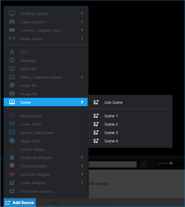 Add Source &gt; Scene source showing an option to select the Live Scene, as well as your 4 available scenes