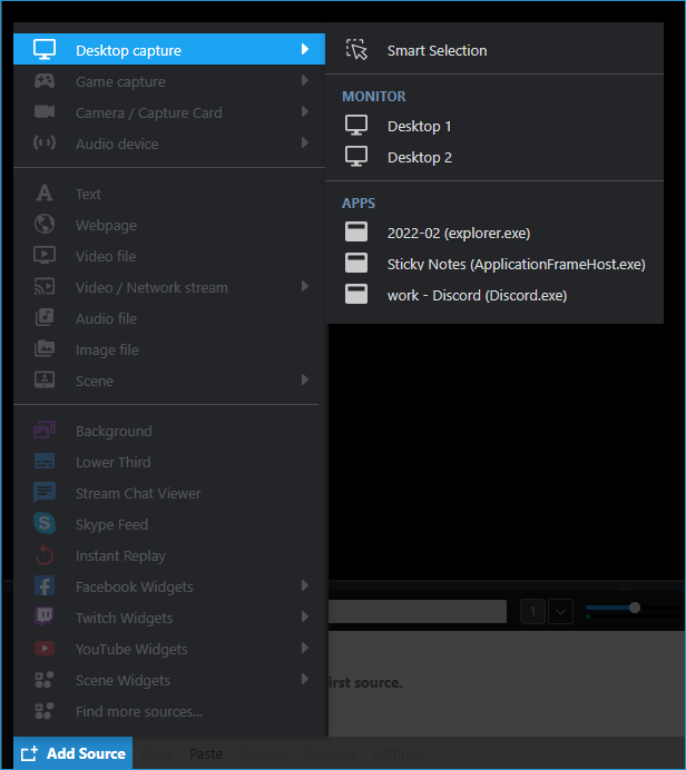 Showing Desktop Capture options found in the Sources Menu
