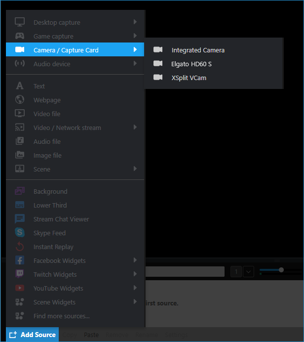 Showing available camera devices under Add Source &gt; Camera/Capture card