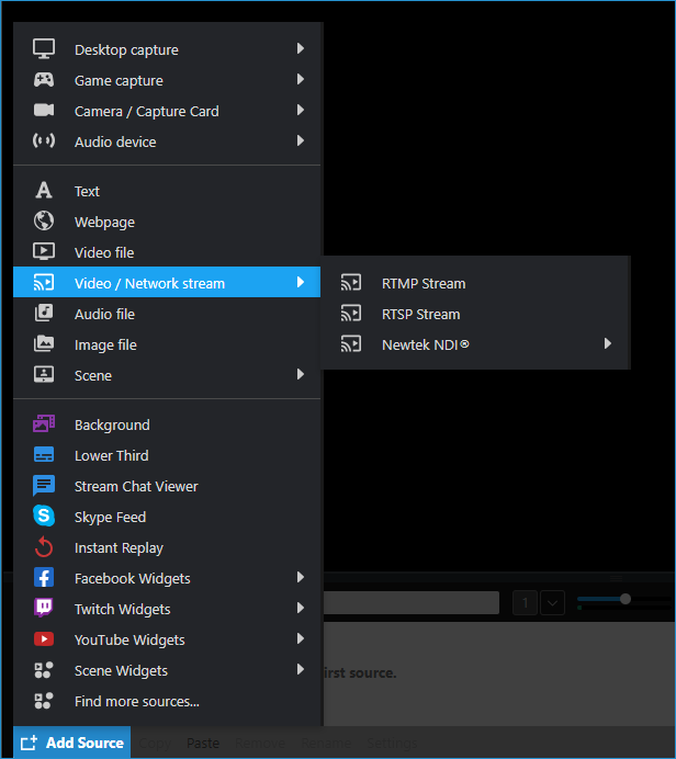 Add Source Menu &gt; Video Network Stream source highlighted, showing the RTMP, RTSP, and NDI streaming options