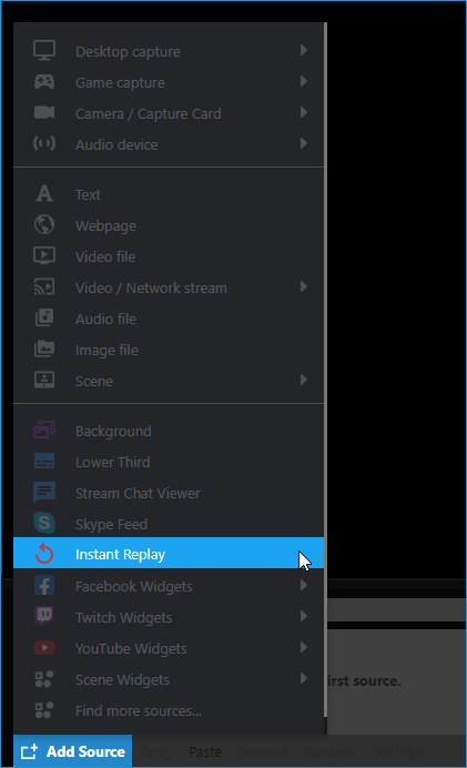 Instant Replay source highlighted in the Add Source menu