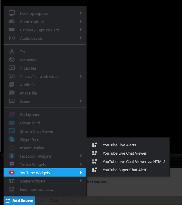 Add Source &gt;  YouTube Widgets in the Add Source menu