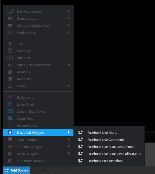 Add Source &gt; Facebook Widgets in the Sources menu